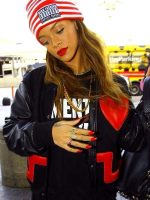 Rihanna Streetstyle Red Heart Black Varsity Jacket