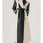 Selena Gomez Black and White Leather Trench Coat