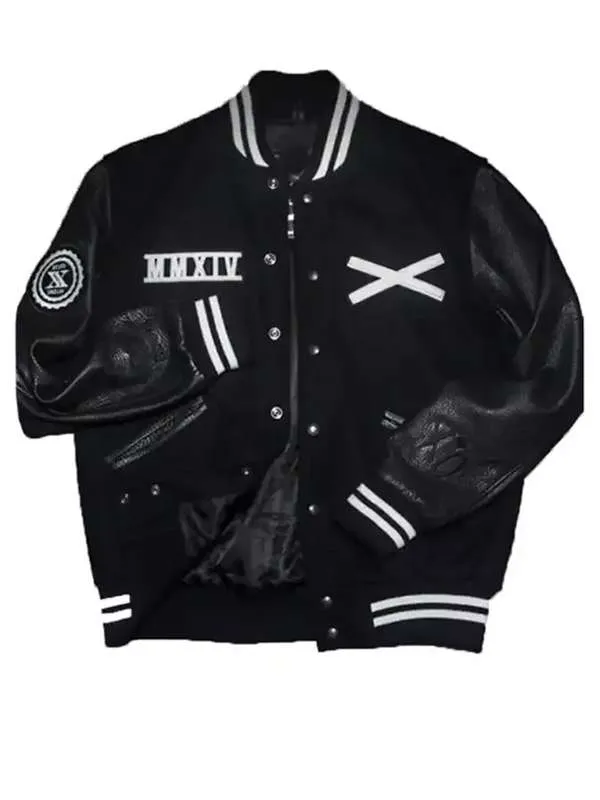 the-weekend-xo-black-leather-varsity-jacket-01 The Weekend XO Black Leather Varsity Jacket - Image 1