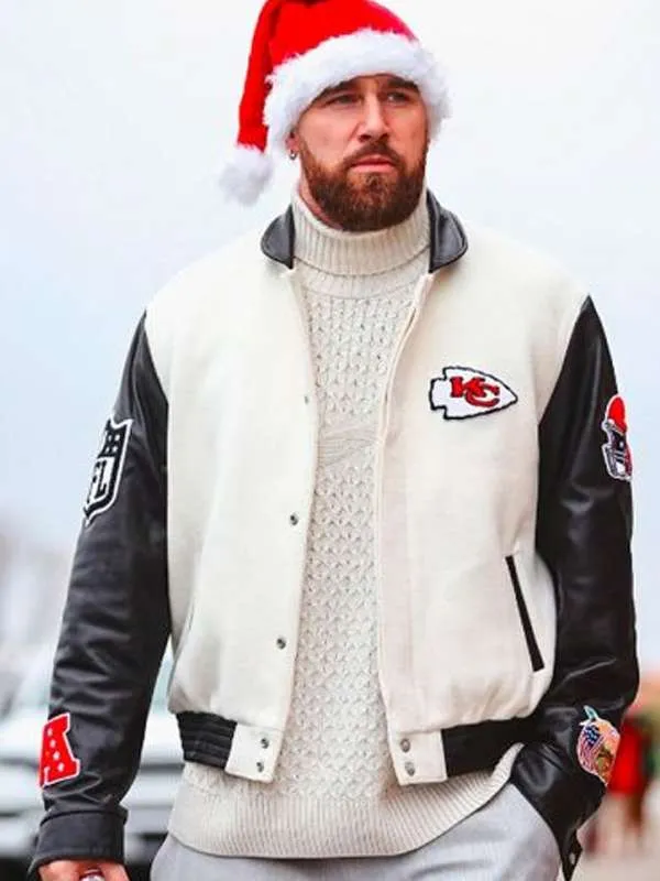 travis-kelce-chiefs-black-and-white-varsity-jacket-01 Travis Kelce Chiefs Black and White Varsity Jacket - Image 1
