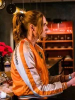 Karen Gillan Gunpowder Milkshake 2021 Orange Varsity Jacket - Image 3