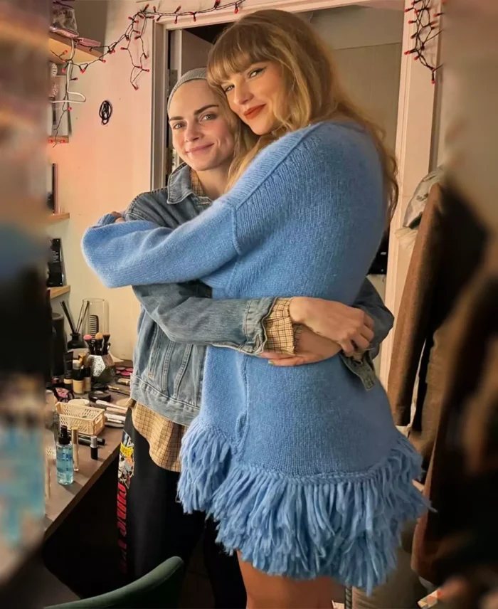 stella-x-taylor-swift-blue-fringed-sweater-01 Stella x Taylor Swift Blue Fringed Sweater - Image 1