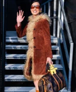 Bella Hadid Brown Suede Leather Afghan Coat