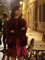 Emily in Paris Lily Collins Maroon Velvet Jacket - Image 2