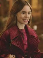 Emily in Paris Lily Collins Maroon Velvet Jacket - Image 3
