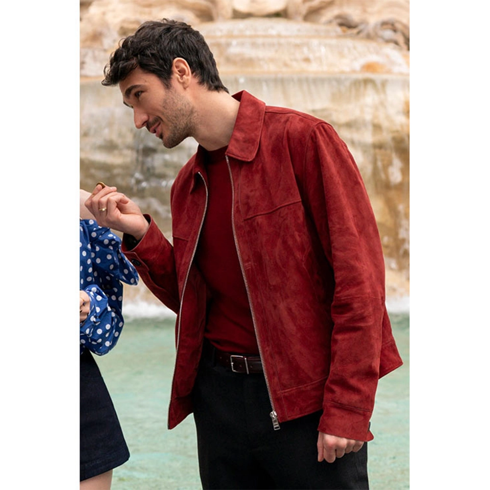 marcello-emily-in-paris-s04-red-suede-leather-jacket-01 Marcello Emily in Paris S04 Red Suede Leather Jacket - Image 1