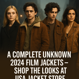 Timothée Chalamet and Elle Fanning in A Complete Unknown outfits, wearing signature jackets from the film.