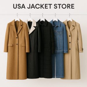 Five stylish winter coats displayed on hangers, featuring a pink puffer jacket, tan trench coat, plaid Evermore coat, Folklore checkered coat, and a bold leather piece — all from USA Jacket Store
