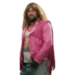 Jason Momoa wearing the pink fringe jacket from A Minecraft Movie 2025