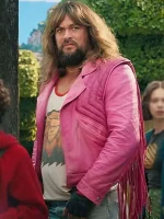 Jason Momoa angled pose in pink fringe jacket from Minecraft movie