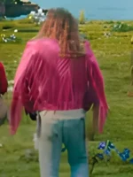 Back view of Jason Momoa Pink Fringe jacket worn in Minecraft Movie 2025