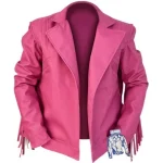 Jason Momoa Pink Fringe jacket with detailed view of fringe design