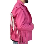 Side view of Jason Momoa Pink Fringe jacket from A Minecraft Movie 2025