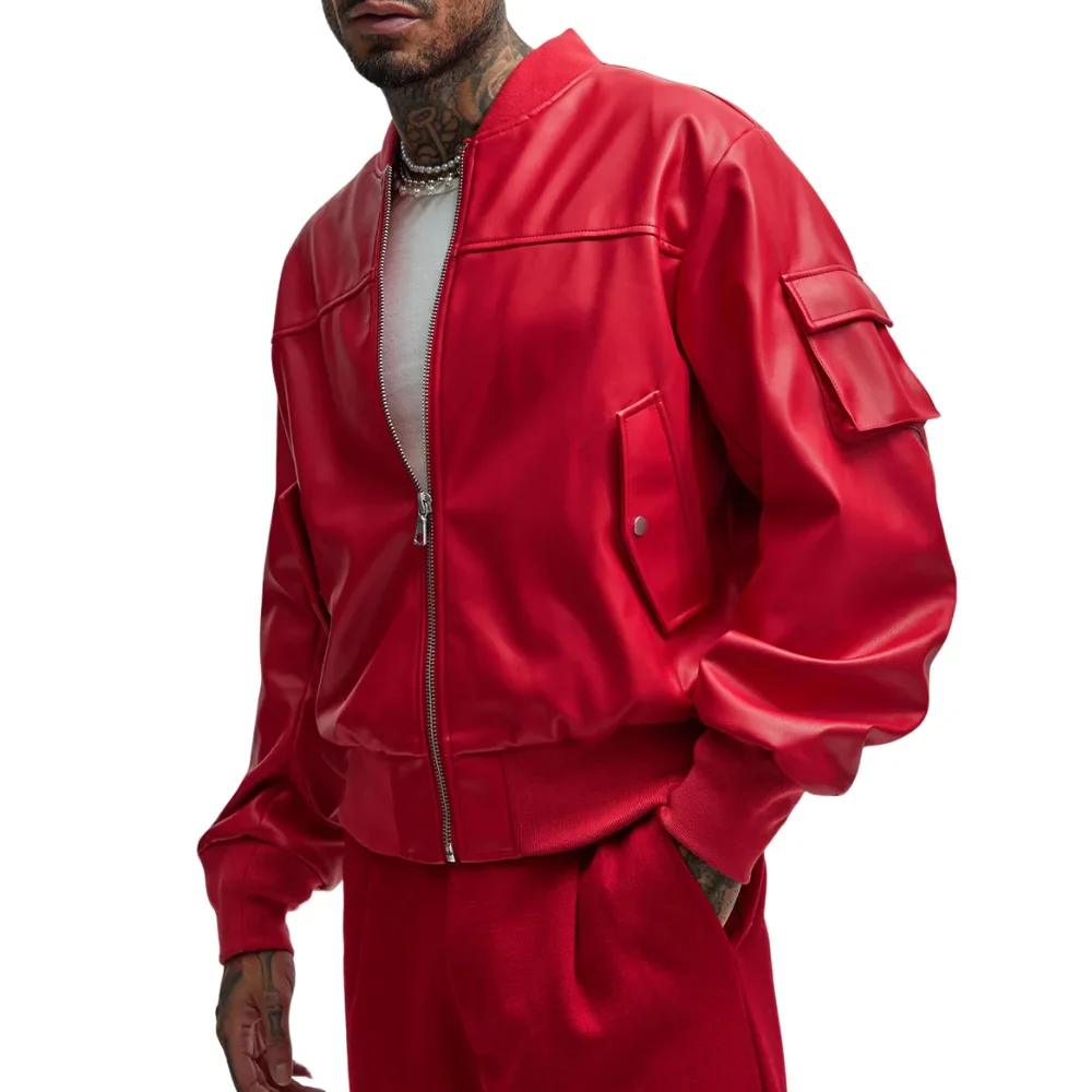 birmingham-red-faux-leather-bomber-jacket-01 Birmingham Red Faux Leather Bomber Jacket - Image 1