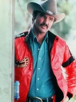 Burt Reynolds wearing Bandit Leather Jacket with front view and open zipper
