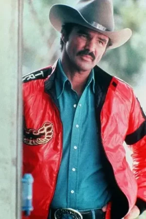 Burt Reynolds wearing Bandit Leather Jacket with front view and open zipper