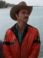 Burt Reynolds wearing Bandit Leather Jacket zipped up front pose