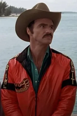 Burt Reynolds wearing Bandit Leather Jacket zipped up front pose