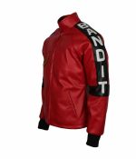 Left arm pose of red Bandit Leather Jacket with “Bandit” printed