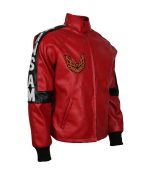 Right sleeve close-up of red Bandit Leather Jacket with Trans Am print