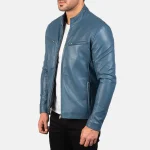 Classic Royal Blue Leather Biker Jacket - Image 2
