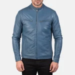 Classic Royal Blue Leather Biker Jacket - Image 3