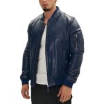 Men's Blue Lambskin Leather Bomber Jacket