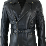 Closed view of German Submarine Biker Jacket with zipped front and secured belt.