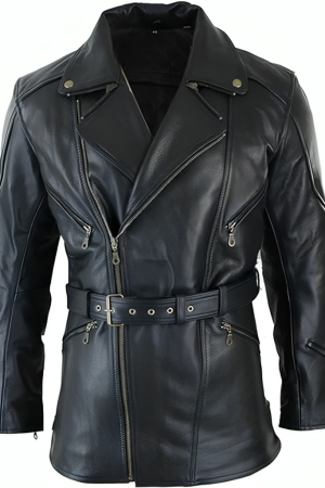 Closed view of German Submarine Biker Jacket with zipped front and secured belt.