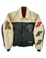 Front view of J-Hope On The Street 2023 Avirex Leather Varsity Jacket in black and beige