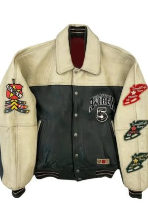 Front view of J-Hope On The Street 2023 Avirex Leather Varsity Jacket in black and beige