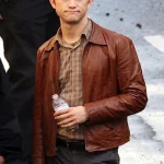 Front view of the Joseph Gordon Inception Jacket in brown leather, featuring a zippered closure and shirt-style collar.