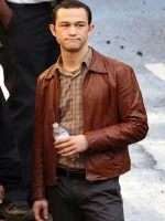 Front view of the Joseph Gordon Inception Jacket in brown leather, featuring a zippered closure and shirt-style collar.