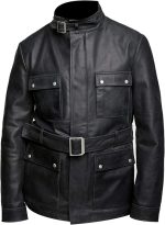 Men's Black Motorcycle Belted Coat - Image 2