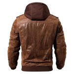 Men's Brown Leather Moto Jacket with Removable Hooded - Image 2