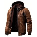 Men's Brown Leather Moto Jacket with Removable Hooded