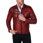 Mens Burgundy Lambskin Real Leather Biker Jacket