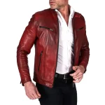 Mens Burgundy Lambskin Real Leather Biker Jacket - Image 3