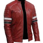 Front view of Café Racer Leather Jacket with red stripes and padded shoulders