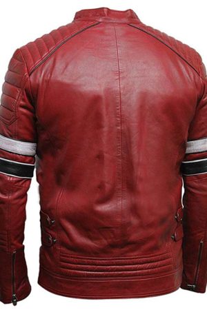 Back view of men’s Café Racer Leather Jacket with red stripe detailing
