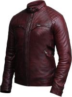 Men’s Quilted Shoulders Maroon leather Jacket - Image 2