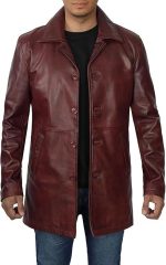 Men's Real Leather 3/4 Length Maroon Coat - Image 2