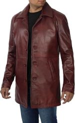 Men's Real Leather 3/4 Length Maroon Coat - Image 3