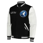 Front view of the Minnesota Timberwolves 2024 City Edition Varsity Jacket, showcasing the black wool body, white leather sleeves, and iconic team logo on the chest.