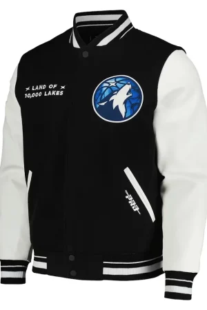 Front view of the Minnesota Timberwolves 2024 City Edition Varsity Jacket, showcasing the black wool body, white leather sleeves, and iconic team logo on the chest.
