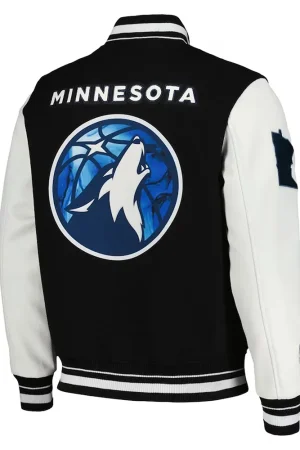 Back view of the Minnesota Timberwolves 2024 City Edition Varsity Jacket, showing the large Timberwolves logo in the center of the back, with ribbed waistband and leather sleeves.