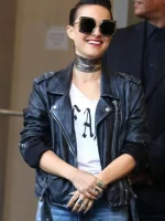 Natalie Portman Leather Jacket front view in black real leather with biker collar from Vox Lux.