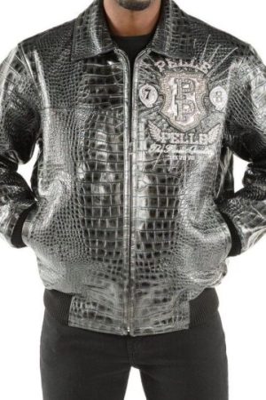 Front view of Pelle Pelle Eye On The Prize Black Leather Jacket featuring shirt-style collar, zip closure, and sleek rib-knit cuffs.