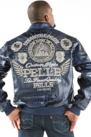 Back view of Pelle Pelle Eye On The Prize Blue Jacket featuring bold embroidered artwork and premium blue leather finish.