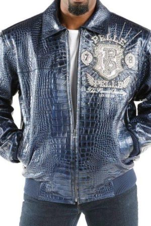 Front view of Pelle Pelle Eye On The Prize Blue Jacket with zip closure, shirt-style collar, and rib-knit cuffs.